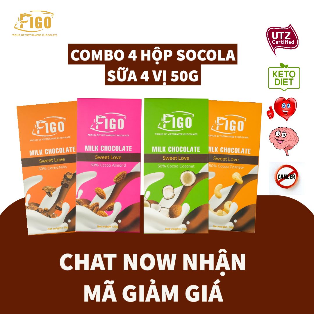 Combo 5 thanh Kẹo Socola sữa, Milk Chocolate Hạnh nhân + Hạt điều + Dừa + Hạt cacao 50% Cacao Hộp 50g Figo