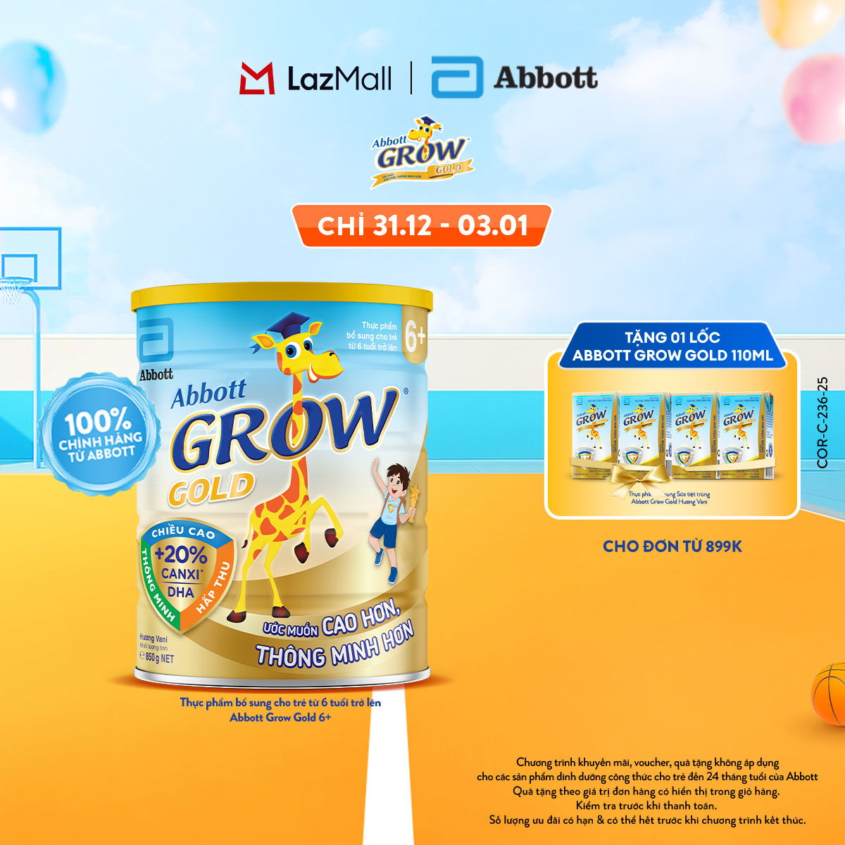 CHỈ 31.12-03.01 QUÀ TẶNG CHO ĐH 899K-SLCH Lon Sữa bột Abbott Grow Gold 6+ hương vani 850g 800g