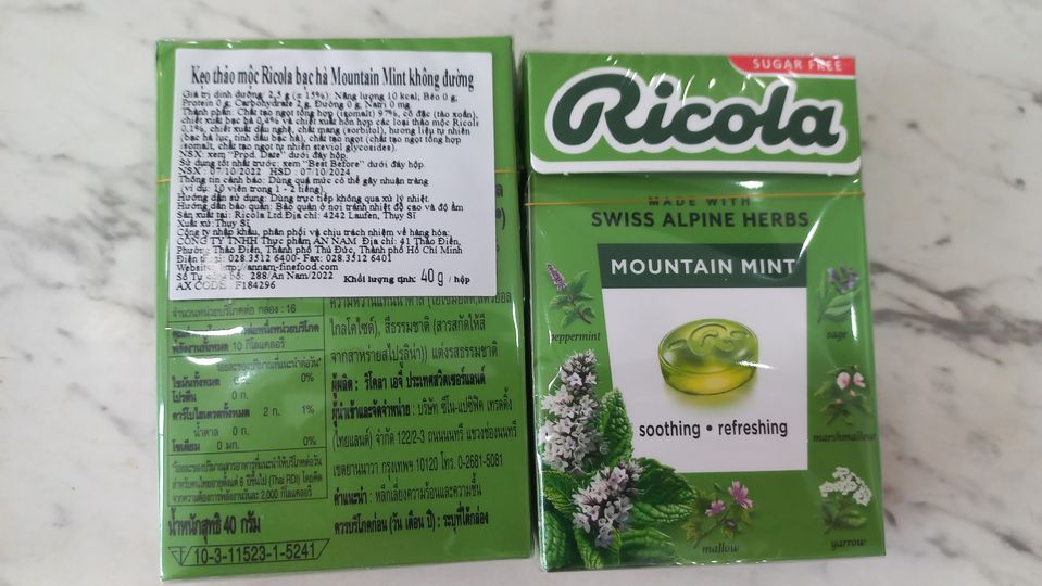 Kẹo thảo mộc bạc hà- Ricola -Carton box Mountain Mint 40g