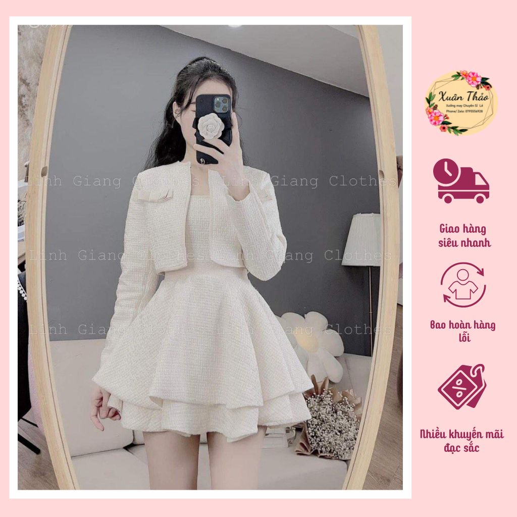Set váy dạ tweed nữ 2 dây xòe 2 tầng kèm áo khoác thiết kế dự tiệc,set đầm dạ tweed tiểu thư sang chảnh mã số a204