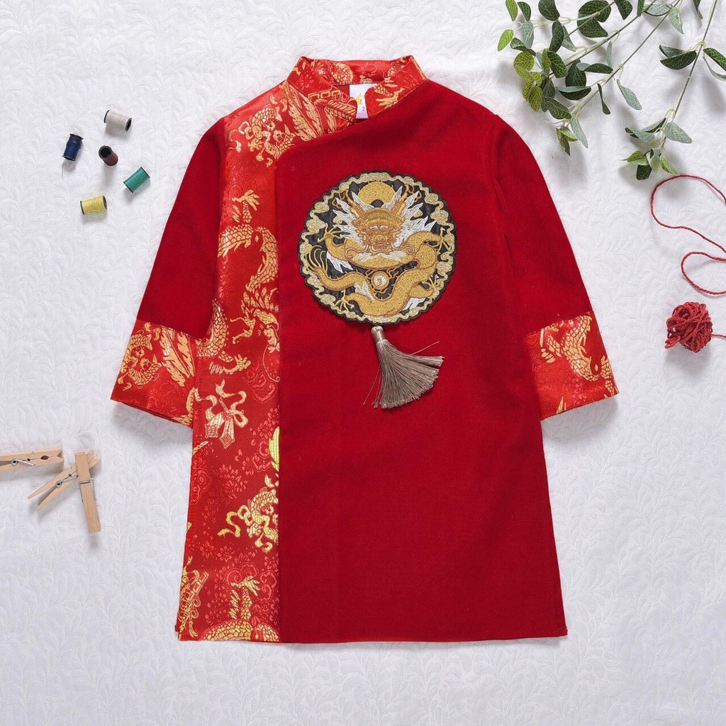 Áo Dài Cách Tân Cho Bé Trai Họa Tiết Rồng Thêu Chỉ Vân Chất Gấm Dệt Nổi Thượng Hải Cao Cấp Size Đại