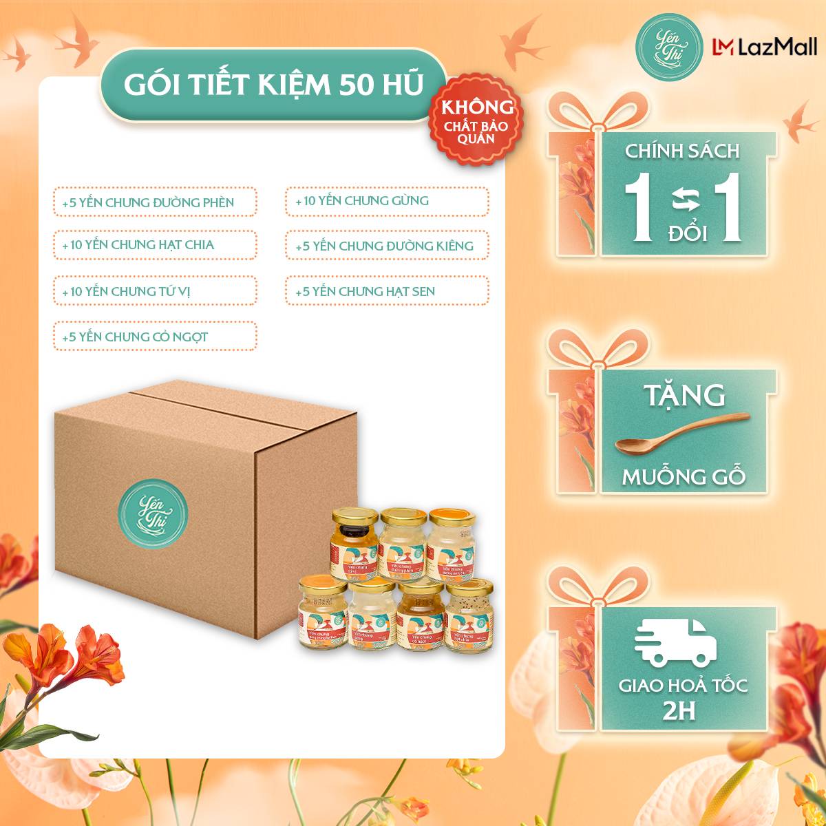 [Gói tiết kiệm 11 - 50 hũ] MIX 5 vị YẾN THỊ (30% Yến-70ml/Hũ)-Hộp quà tặng cao cấp - Giao hàng 2h Tp.HCM