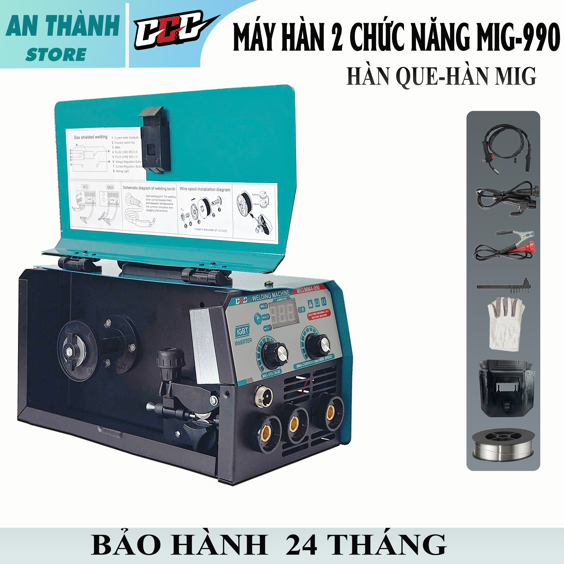 Máy hàn MIG 2 chức năng MIG-990 hàn que và hàn mig không dùng khí que 1.6-4 ly MIG 0.8-1.0 hàn sắt inox đầy đủ phụ kiện bảo hành 24 tháng