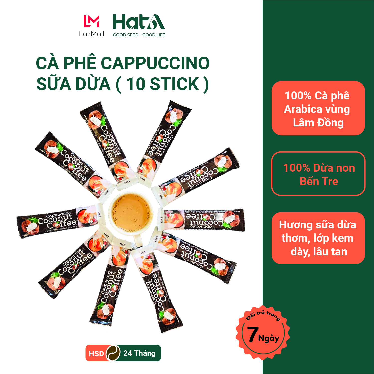 Combo 10 Gói cà phê hòa tan capuchino sữa dừa 4 In 1 Hạt A Cafe Vị Cốt Dừa Tự Nhiên - 18g/Gói - sử dụng cà phê rang xay nguyên chất và cốt dừa tự nhiên vị đắng nhẹ, thơm ngon, béo ngậy