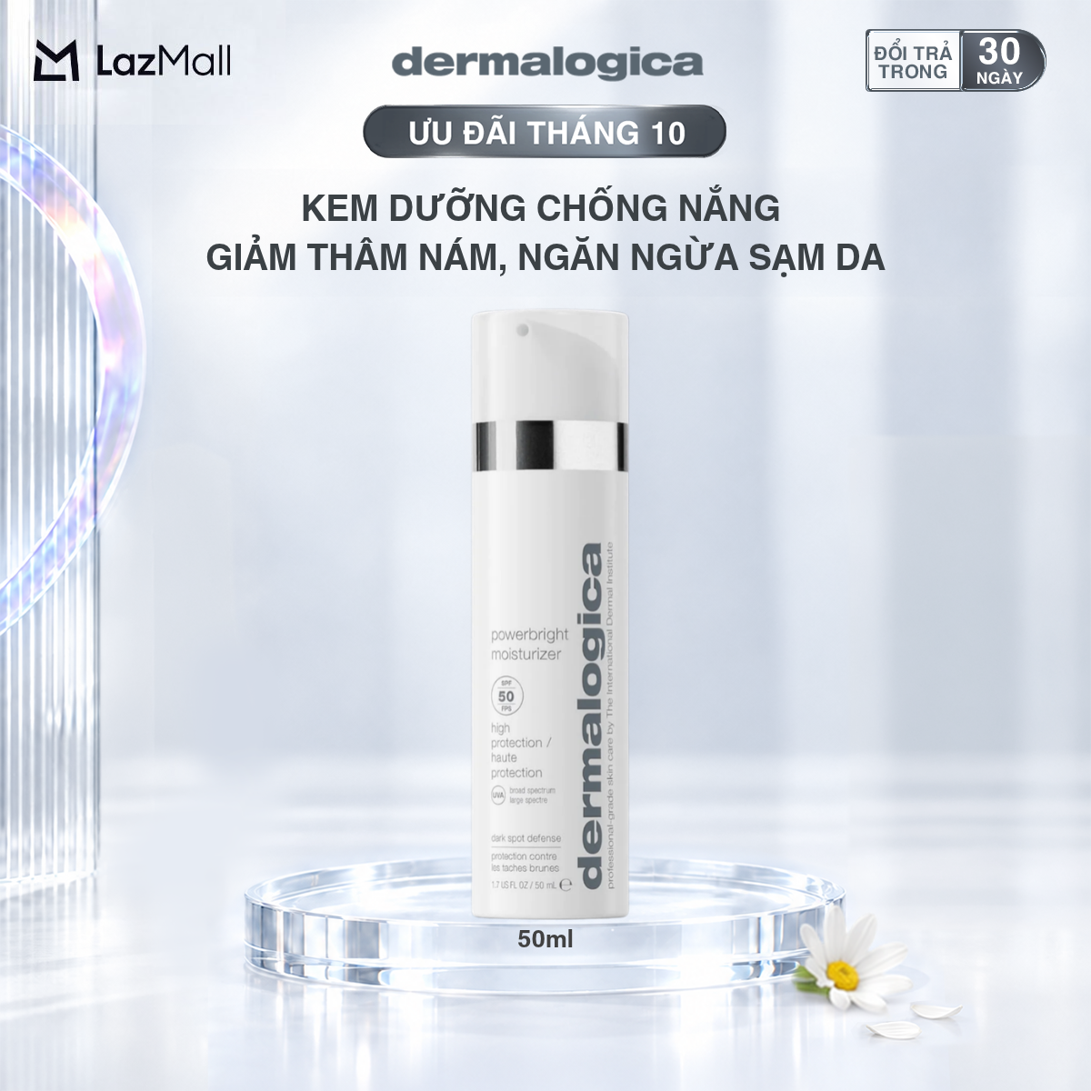 Mới! Kem chống nắng dermalogica powerbright moisturizer spf50 giảm thâm nám, ngăn ngừa sạm da  50ml