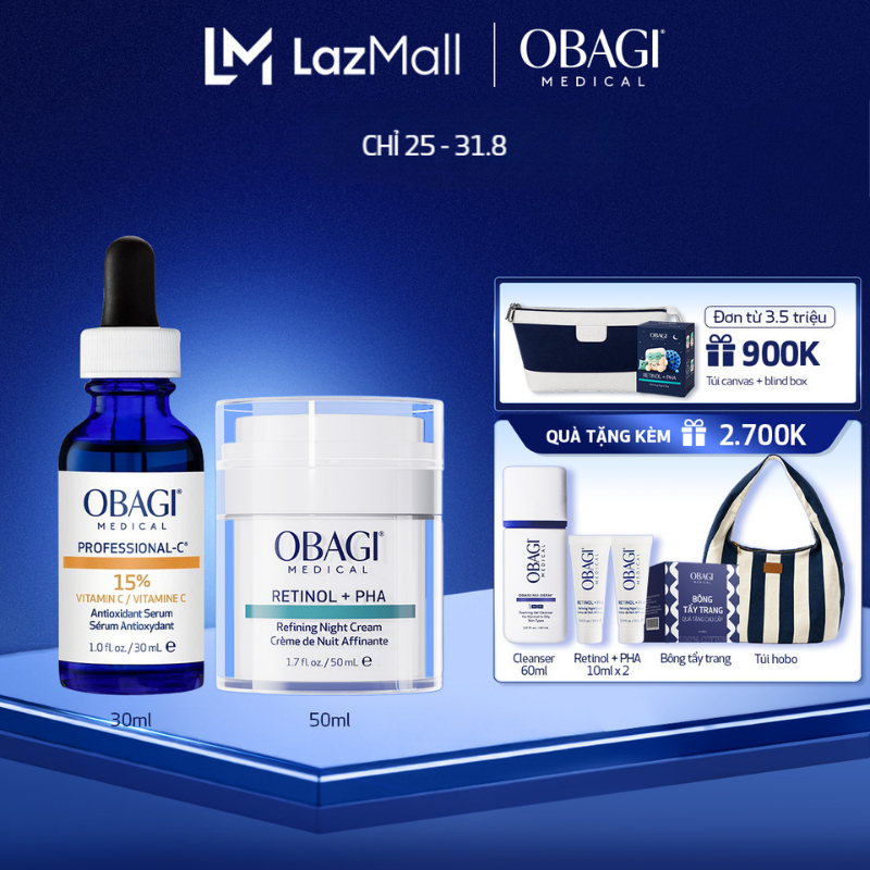 Bộ đôi Kem Dưỡng Đêm Obagi Retinol + PHA 50ml  Serum Vitamin C 15% Obagi Professional-C 30ml