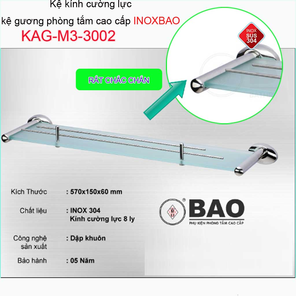 Kệ kính phòng tắm inox bảo kag-m3-3002, kệ kiếng cường lực 57cm pát sus304 cao cấp thiết kế đẹp sang trọng
