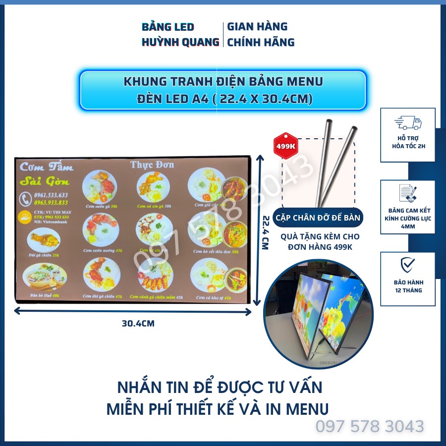 Bảng hộp đèn led menu kích thước a4, khung tranh điện để bàn, treo tường, hộp đèn quảng cáo