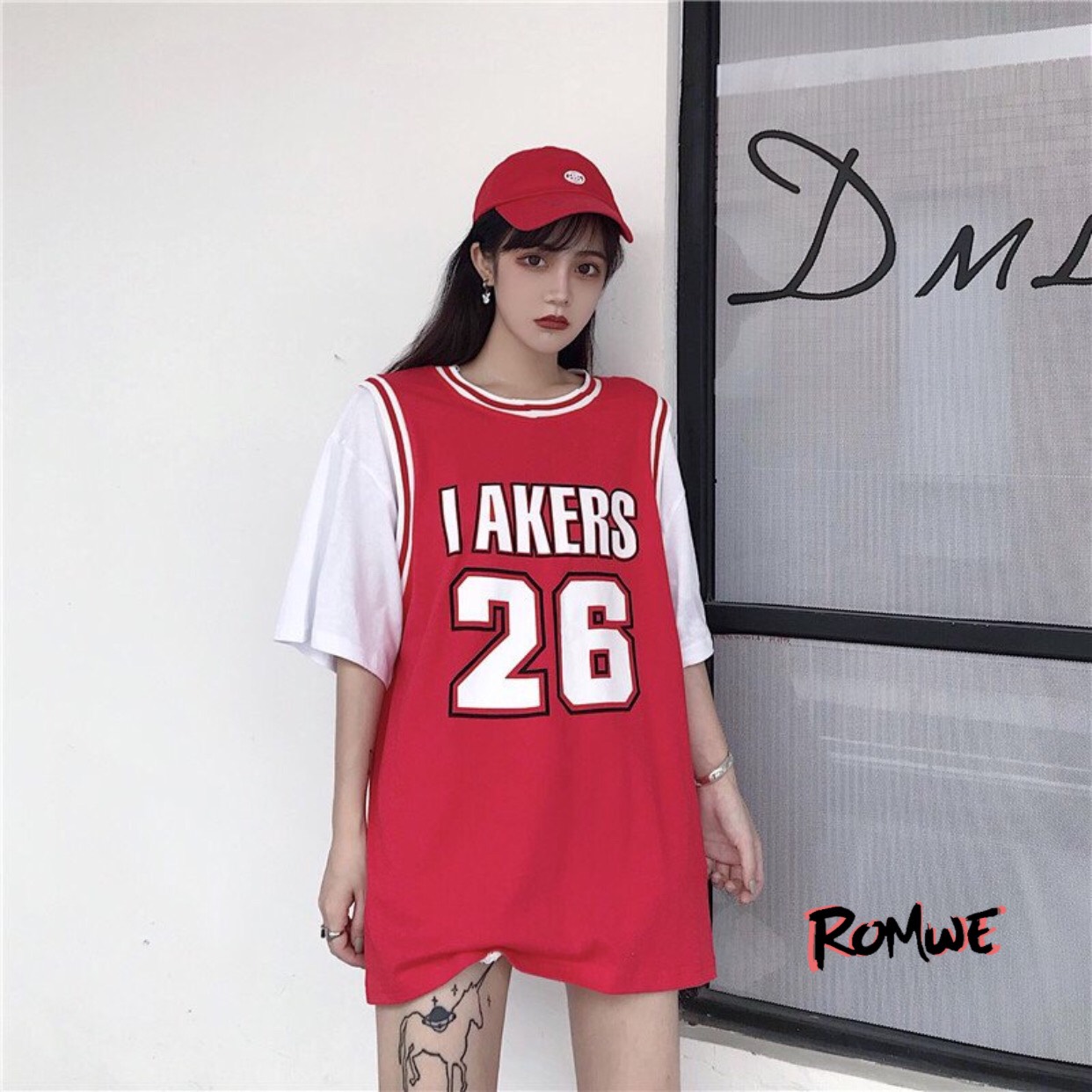 Áo thun bóng rổ in chữ số 26 phối tay lỡ phong cách ulzzang Romwe