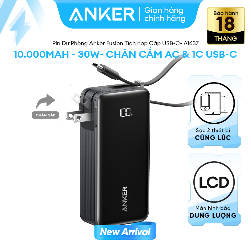  Sạc dự phòng kiêm củ sạc 2in1 Anker Fusion 10.000mAh | Sạc nhanh 30W | Tích hợp cáp USB-C | 2 cổng  1USB-C & 1USB-A  | Màn hình hiển thị | Nhỏ gọn tiện lợi - A1637 