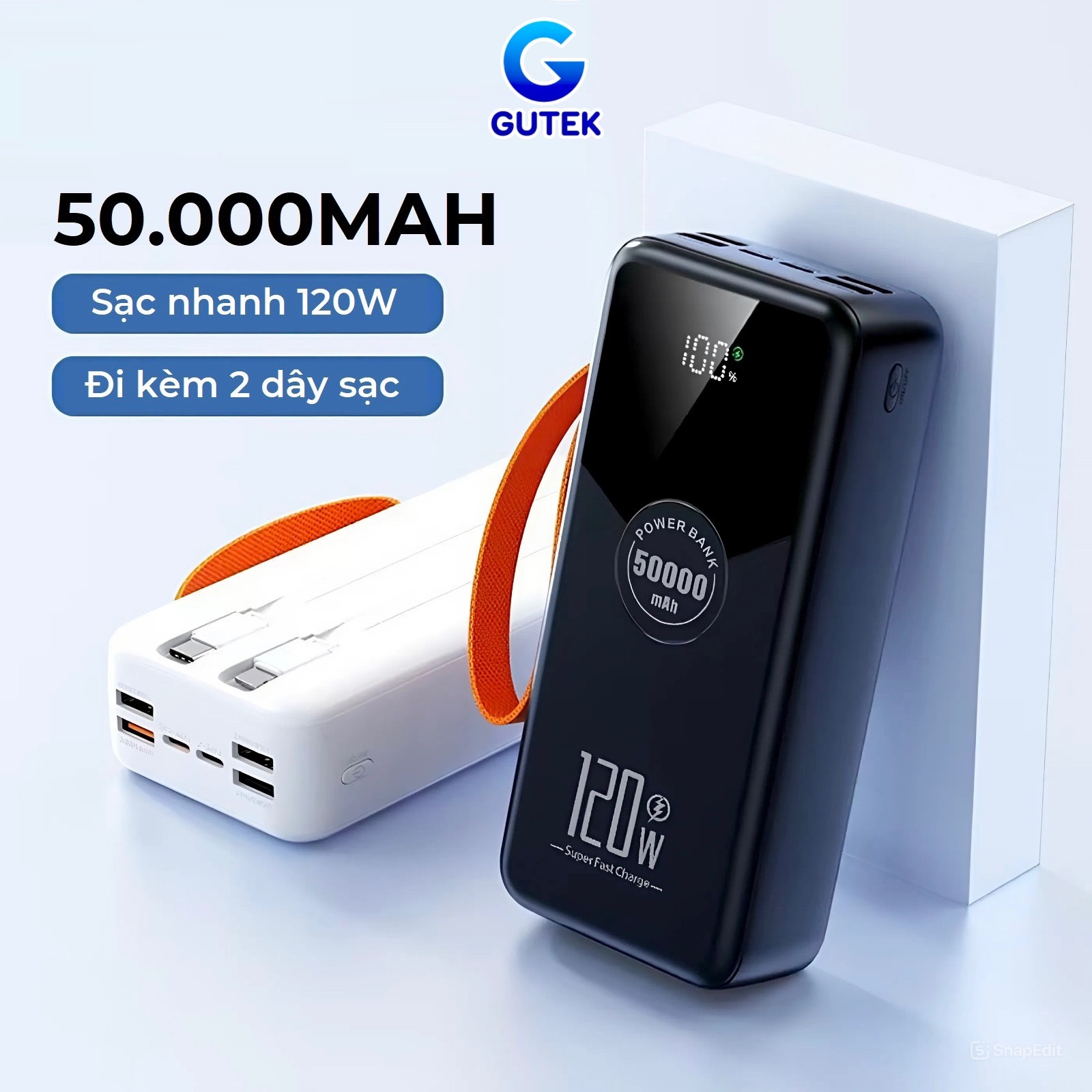 Sạc dự phòng 50000mAh sạc nhanh 120W pin dung lượng lớn có dây cắm nhiều điện thoại - Gutek GT230