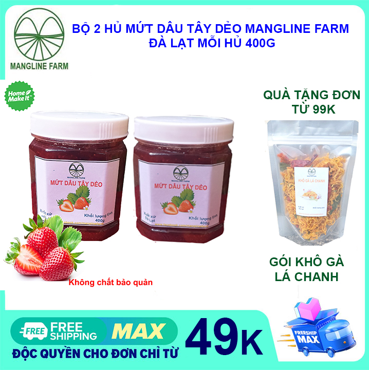 [FREESHIP 15K CHO ĐƠN 29K] Bộ 2 hủ mứt dâu tây dẻo sạch Mangline Farm Đà Lạt sản phẩm nhà làm hủ 400g - Đồ ăn vặt nội địa ăn với bánh mỳ rất ngon, an toàn vệ sinh, Đặc sản Đà Lat