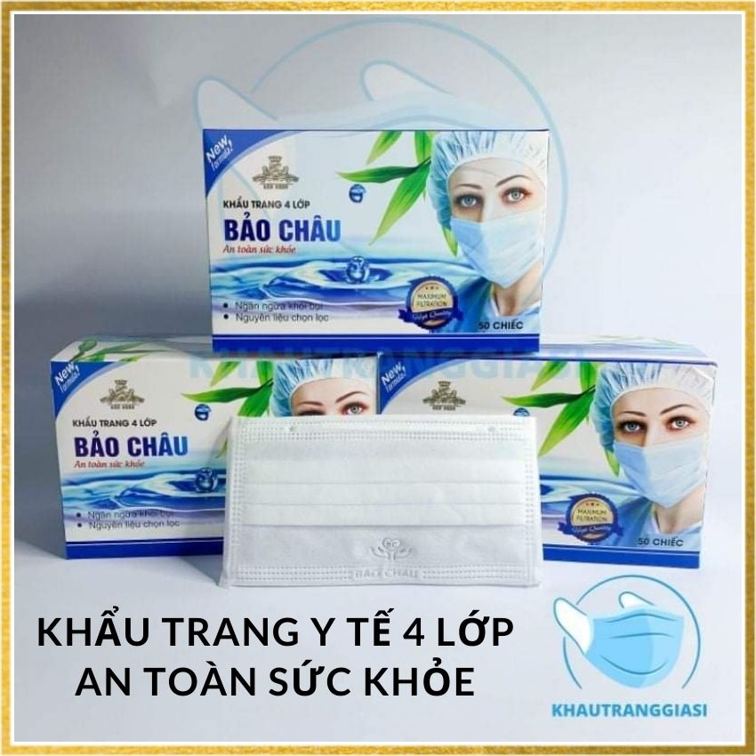 Khẩu trang y tế 4 lớp Bảo Châu, khẩu trang kháng khuẩn, (Hộp 50 cái), khẩu trang y tế màu trắng.