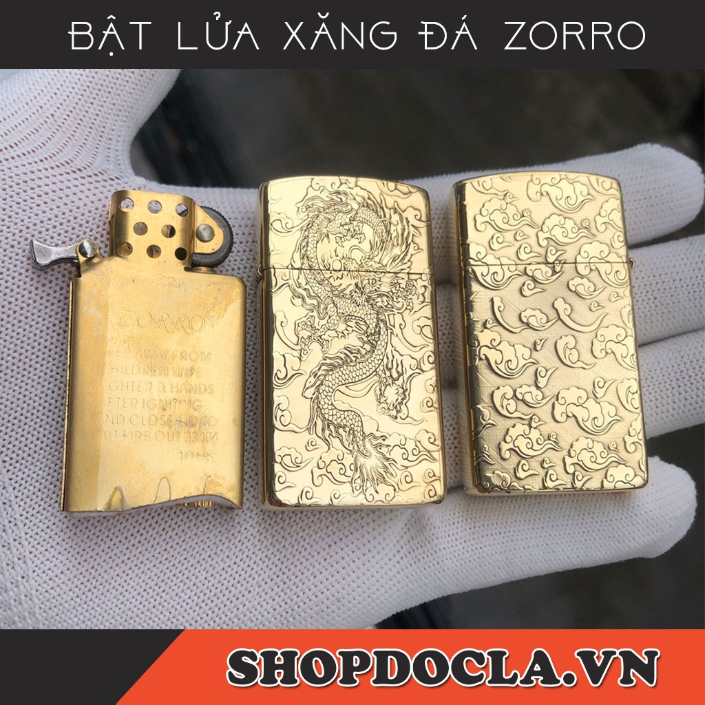 Bật lửa zorro xăng đá bản slim đồng nguyên khối khắc nhiều hình ( không xăng )