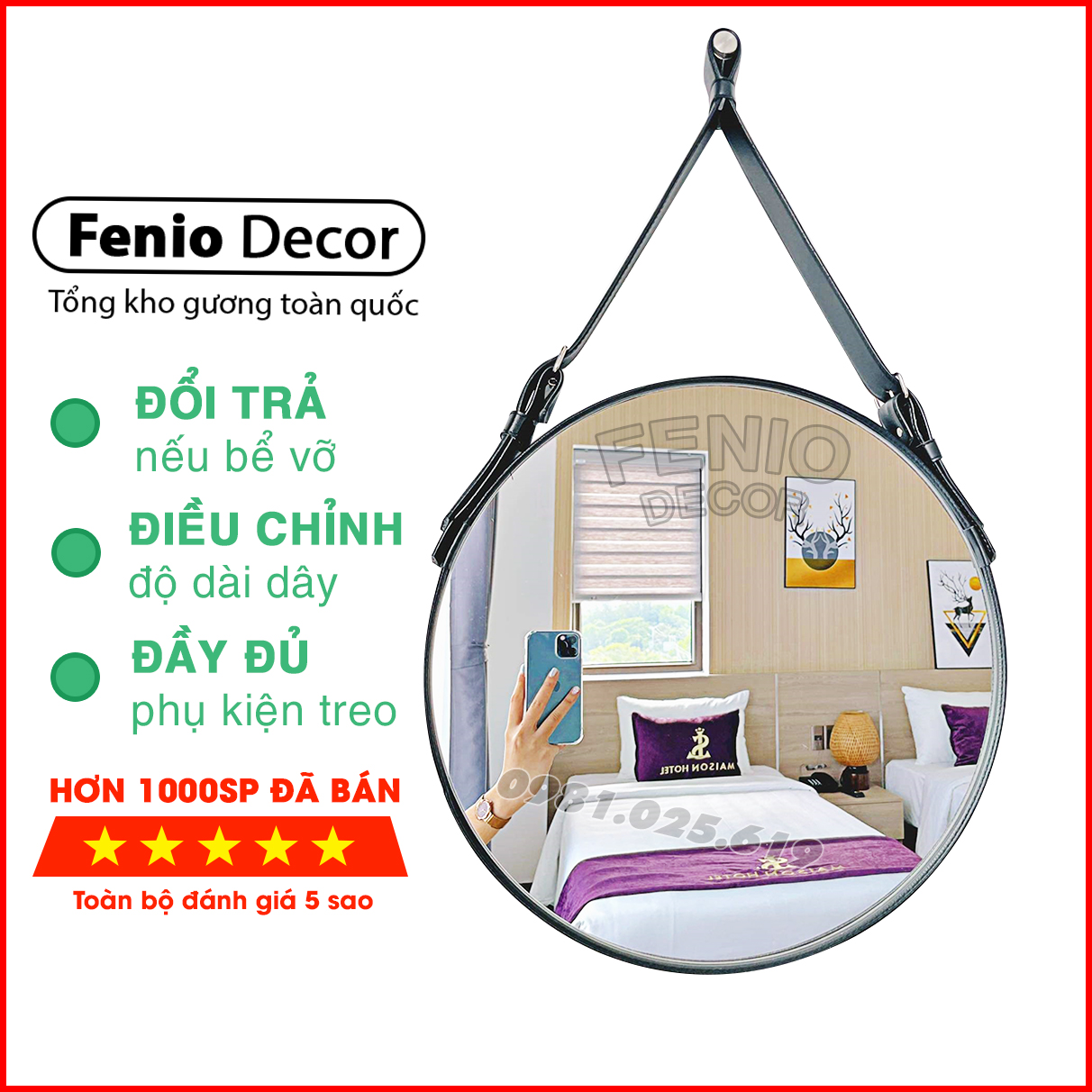 Gương treo tường Gương tròn viền dây da treo trang điểm - 4 MÀU SẮC đẹp để trang trí decor phòng khách phòng ngủ nhà tắm