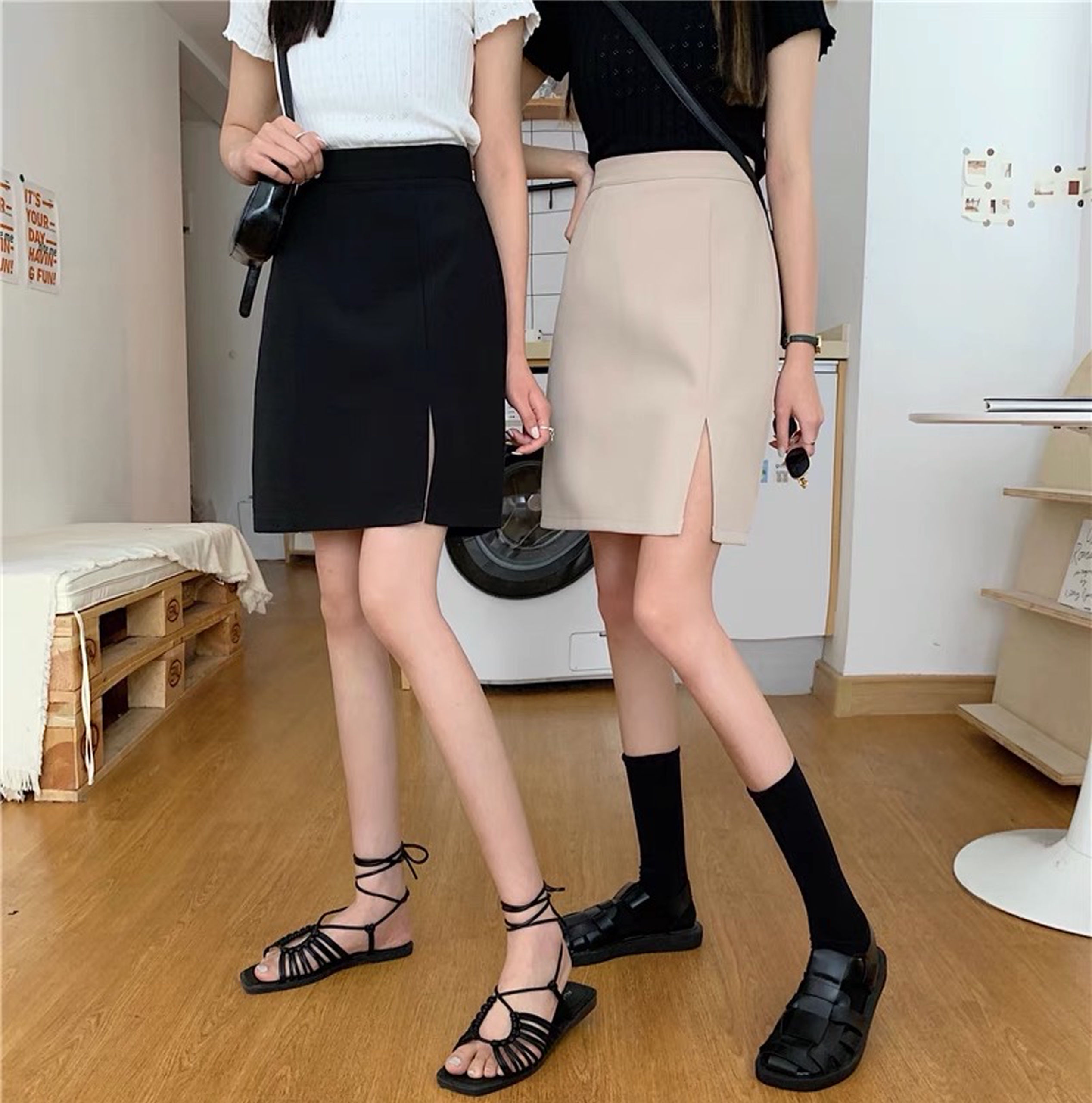 Chân váy ngắn chữ a xẻ trước chân váy công sở dáng chữ a d50cm