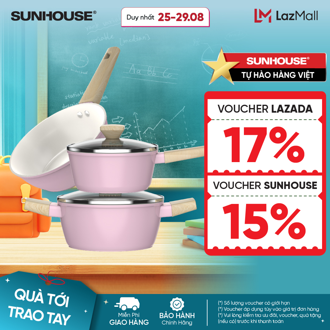 Bộ nồi phủ sứ Nano đáy từ Sunhouse Healthy SHG7979MP3/MT3 - Chống dính Nano Ceramic - Dùng mọi loại bếp