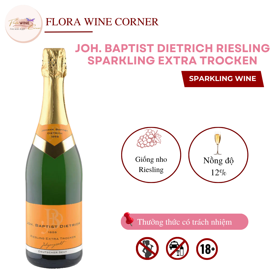 Rượu vang sủi Đức Joh. Baptist Dietrich Riesling Sparkling Extra Trocken – Nồng độ 12% Alc, 750ml - Nhập khẩu Chính Hãng