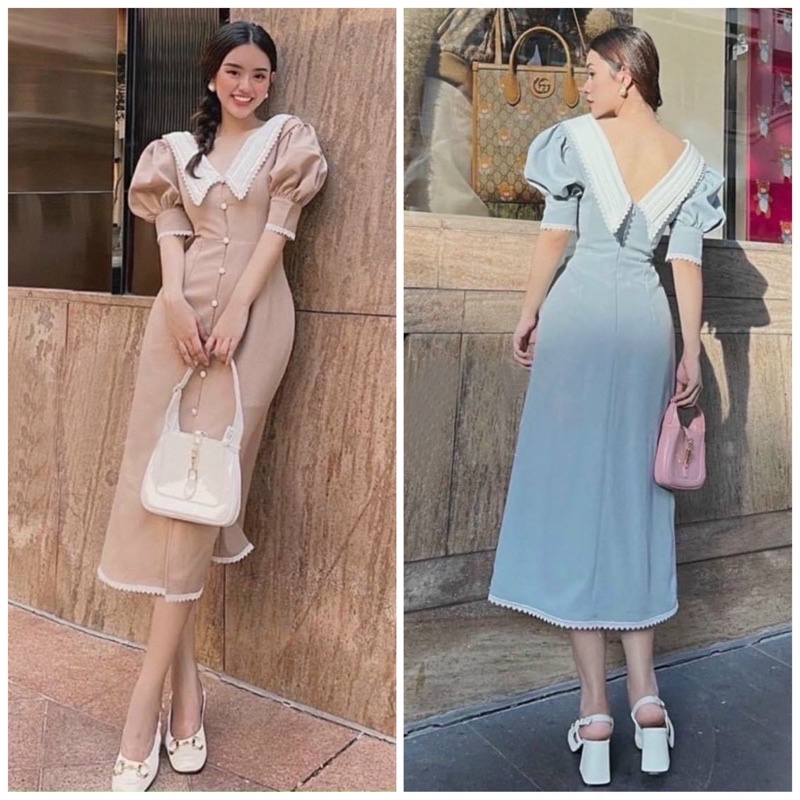 Đầm nút ngọc cổ trắng 2 màu
