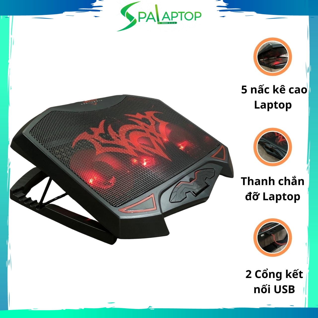 Đế tản nhiệt Laptop 3 quạt lớn kèm 5 nấc đỡ kê cao laptop tiện lợi - Spa Laptop