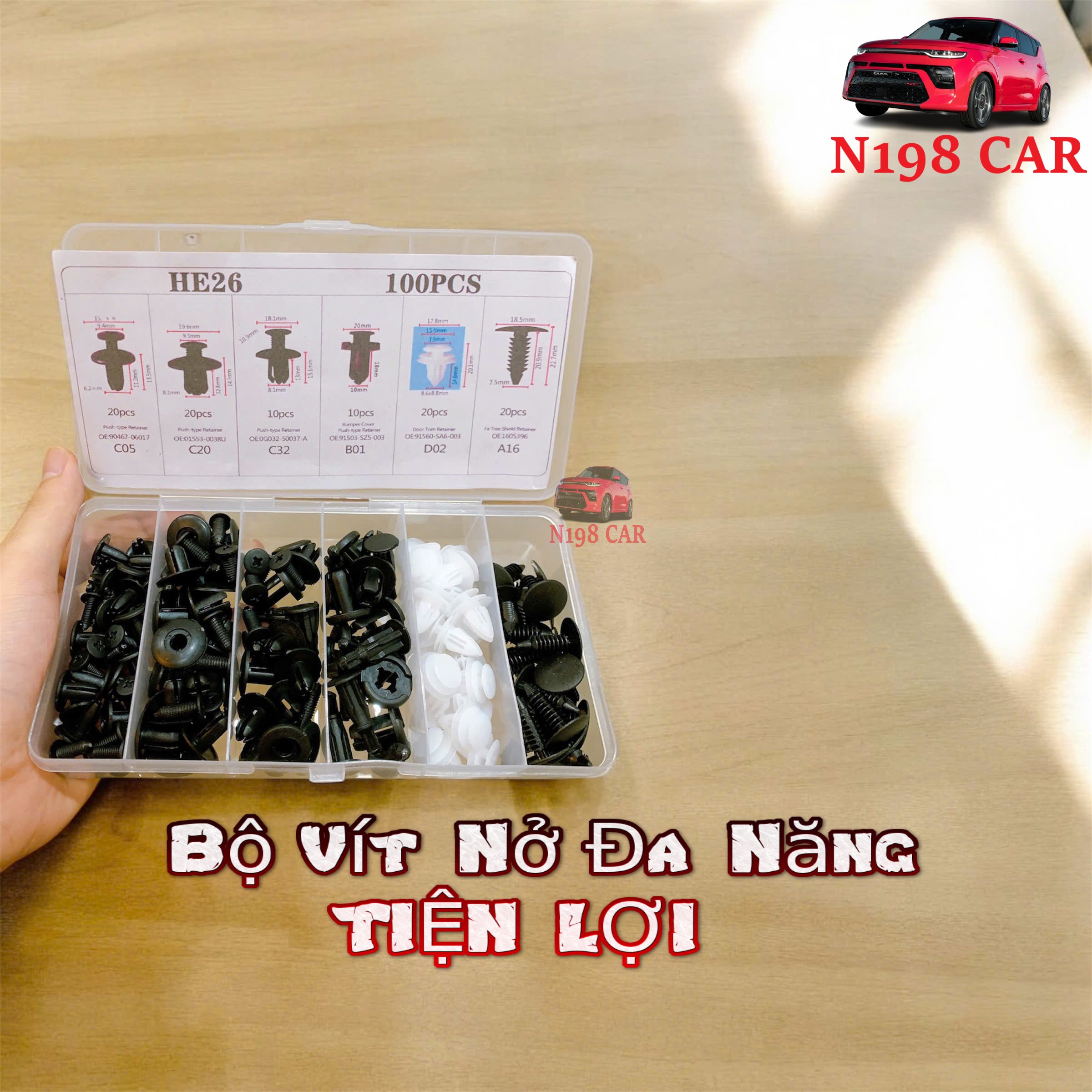 Hộp 100 chốt vít vặn nhựa tiện lợi dành cho các bộ phận trên xe hơi xe máy