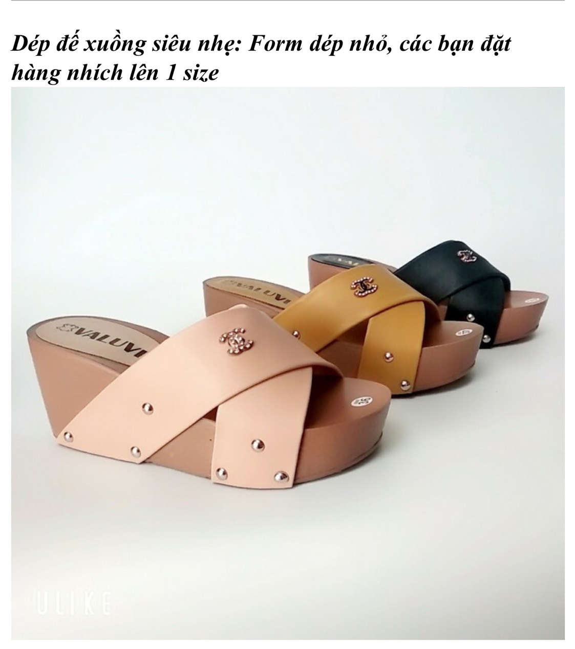 Dép đế xuồng cao 7cm, quai chéo gắn chũ x và hoa