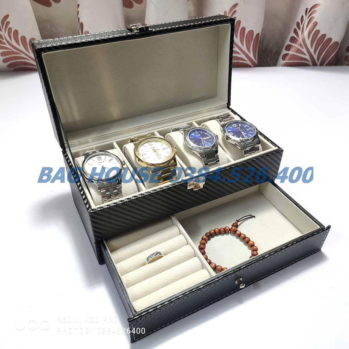 Hộp đựng đồng hồ, trang sức 2 tầng,hộp 4 đồng hồ và trang sức cao cấp