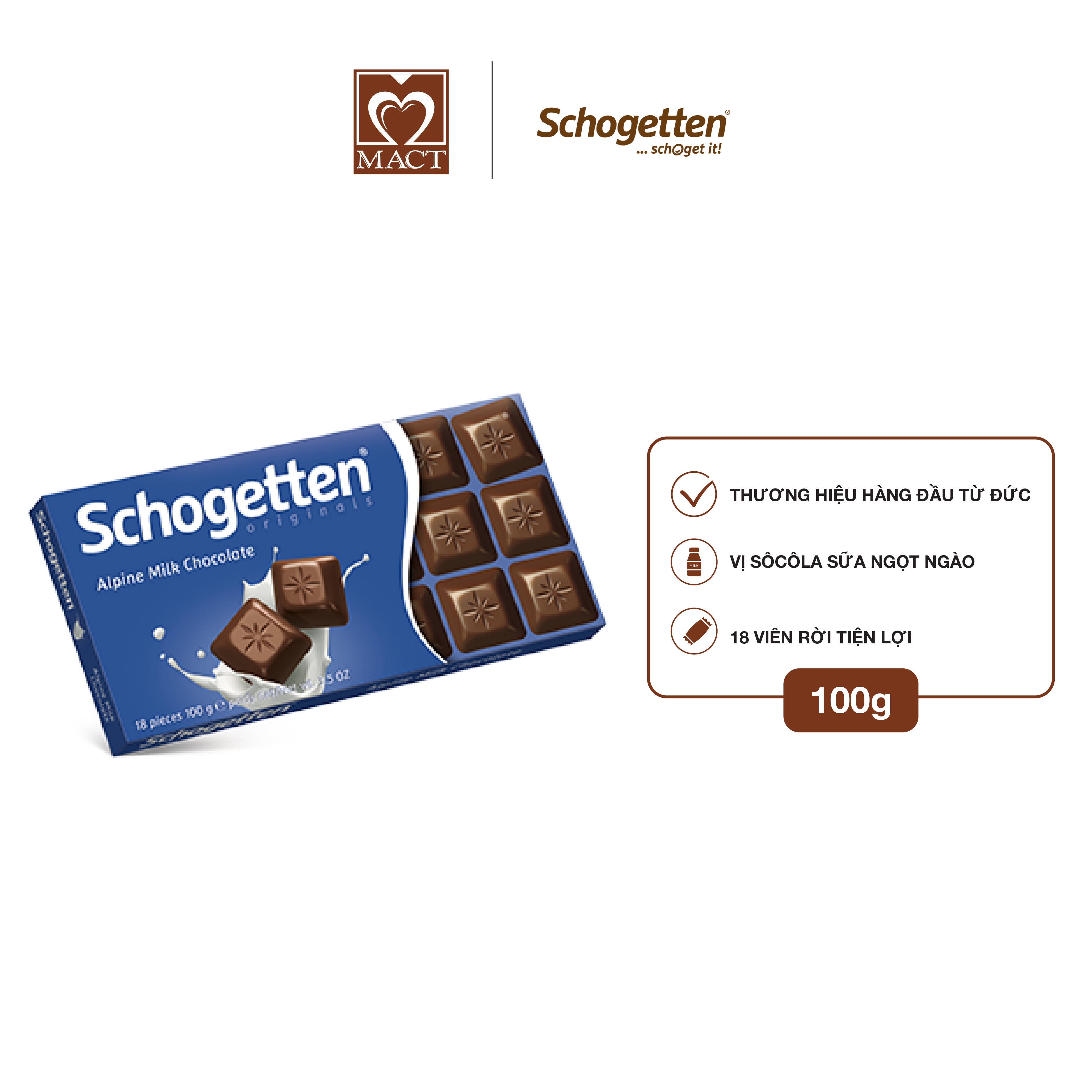 Sôcôla SCHOGETTEN - Vị Sữa Alpine Milk Chocolate - thanh 100g gồm 18 viên rời