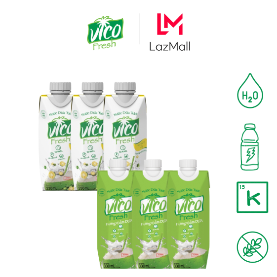Combo 6 hộp nước dừa Vico Fresh 330ml (3 Tắc, 3 Dứa)