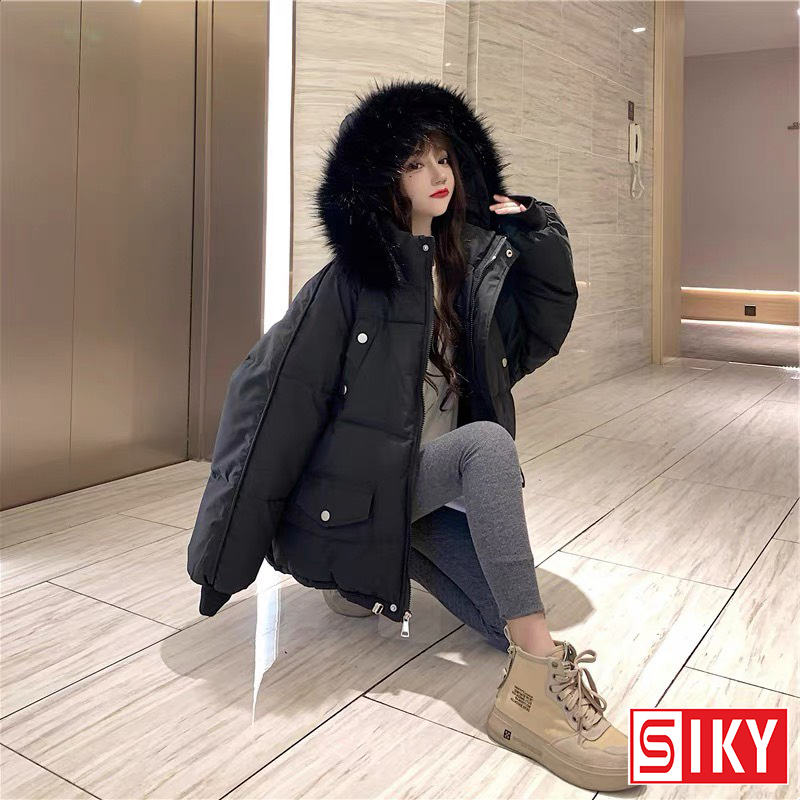 Áo phao, áo khoác nữ dáng vừa, mũ lông siêu ấm - siky hx11