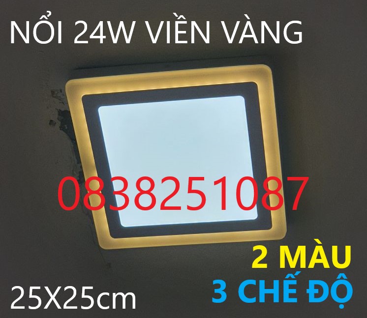 Đèn led nổi ốp trần 24w vuông 2 màu 3 chế độ ánh sáng trắng vàng