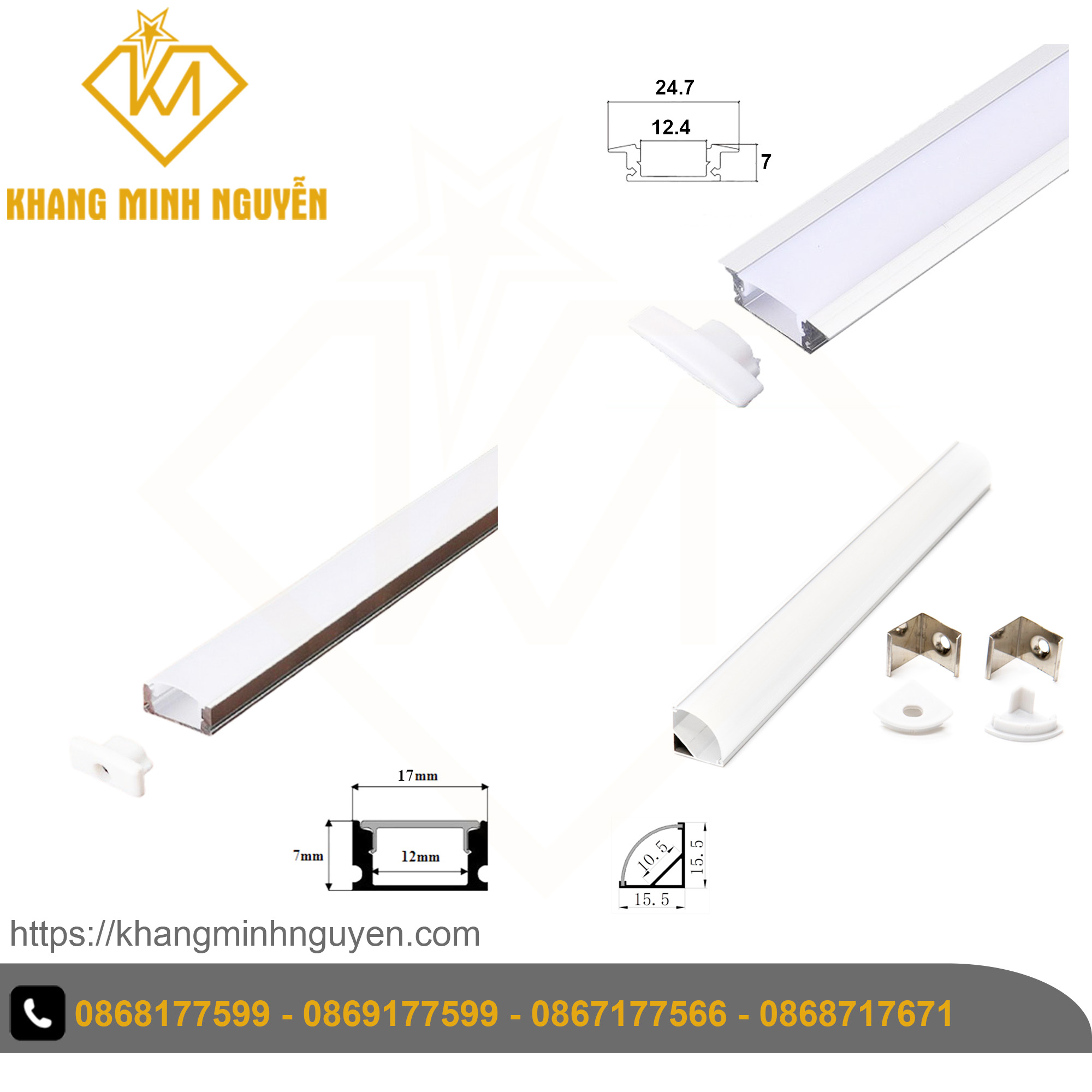Thanh nhôm định hình chữ-v-601, chữ u-509, chữ t-509 chuyên dụng cho thi công nội thất led dây 8mm - 10mm