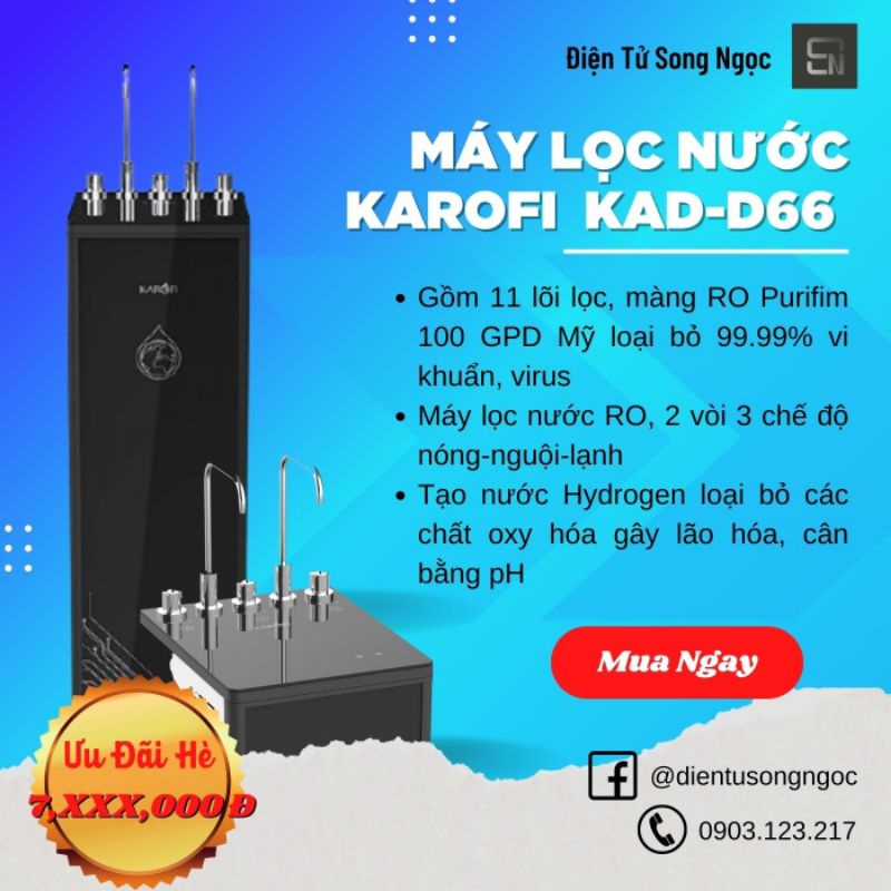 Karofi D66 - Máy lọc nước RO nóng lạnh Karofi KAD-D66 11 lõi, Bảo hành chính hãng 3 năm.