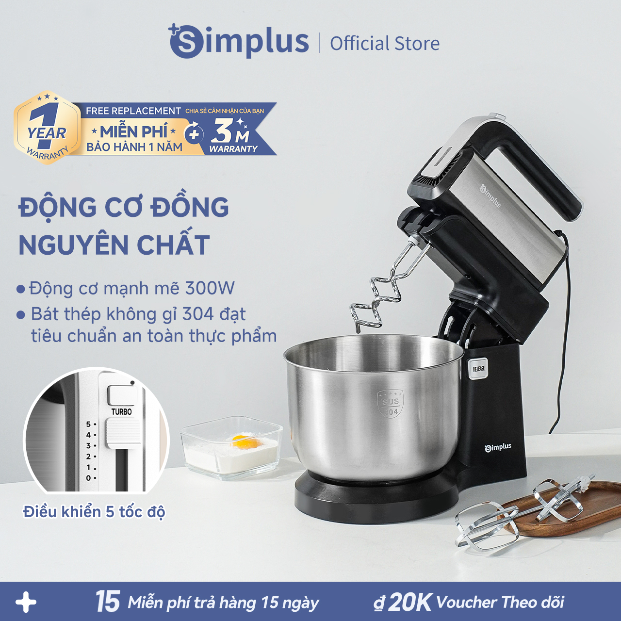 Simplus Máy trộn đa năng 2 trong 1: Máy trộn đứng và cầm tay, máy đánh kem và nhồi bột, máy xay sinh tố nhà bếp, máy làm bánh kem tại nhà HMJH003