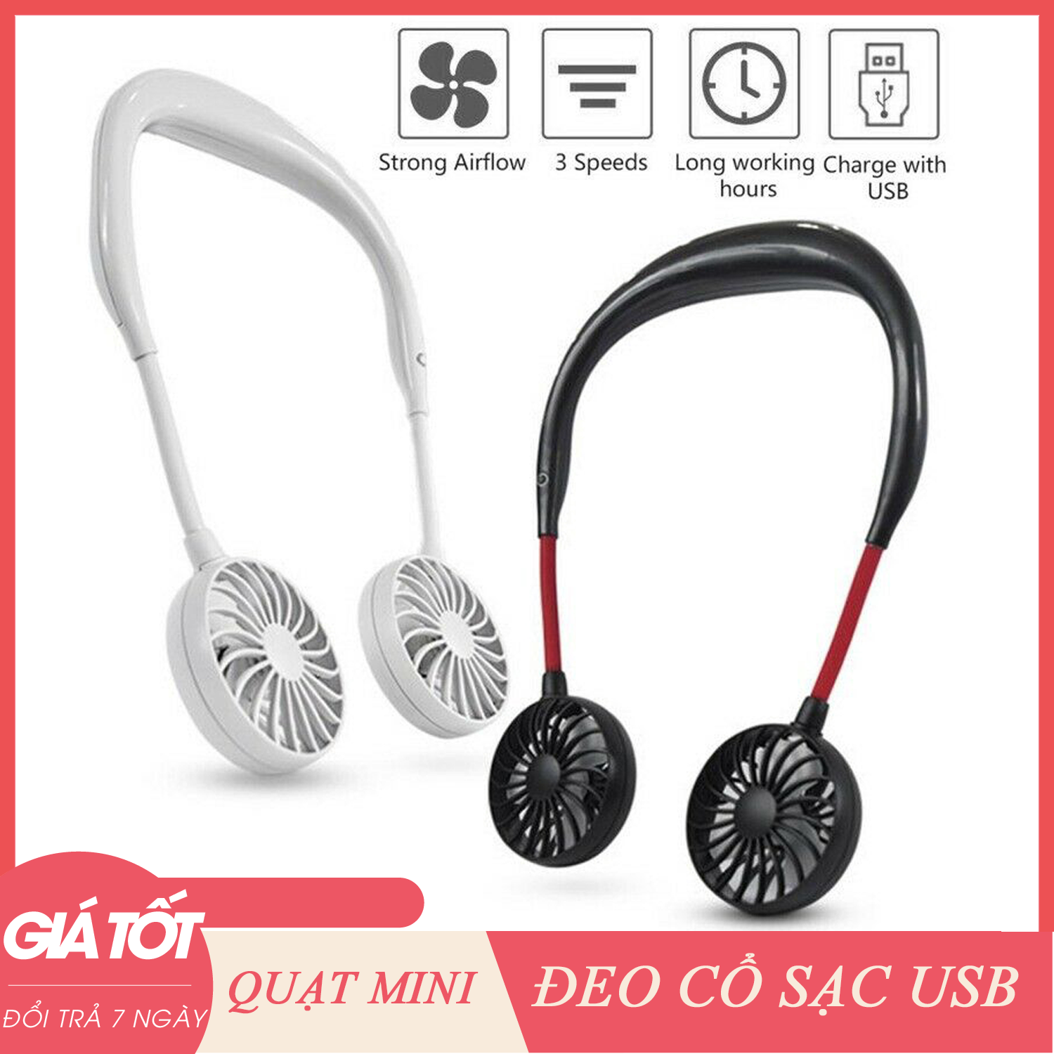 Quạt USB cầm tay - Quạt mini đeo cổ, Quạt mini - Quạt đeo cổ - Quạt tích điện mini có cổng sạc USB cùng tiện lợi, quạt mini, quạt đeo cổ, quạt có cổng sạc USB- Giao màu ngẫu nhiên
