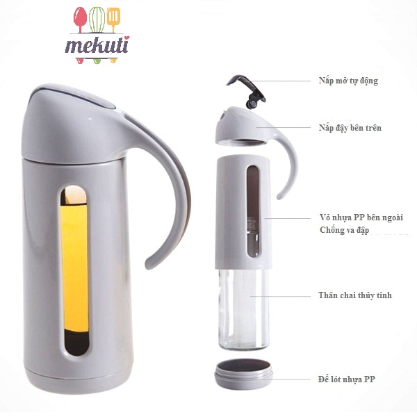 Bình đựng dầu ăn nắp mở tự động thủy tinh chống vỡ bọc vỏ nhựa PP