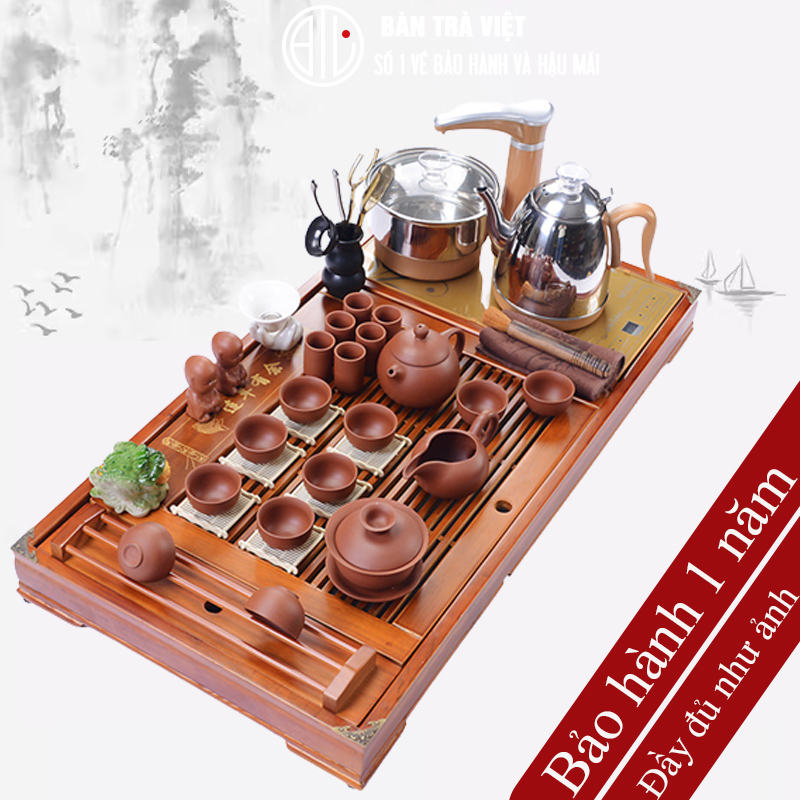 Bộ Bàn Trà Điện Tự Động Thông Minh Đa Năng đầy đủ Khay bàn vàng và bộ bếp pha trà inox 304 dung tích 1 lít chống rỉ - Tặng kèm bộ ấm chén pha trà xanh ngọc và trà cụ pha trà mã 02503