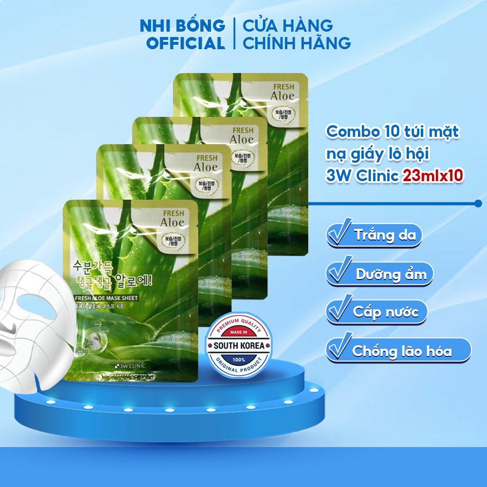 Combo 10 Túi mặt nạ giấy 3W Clinic Hàn Quốc chiết xuất từ lô hội dưỡng ẩm trắng da 23mlx10