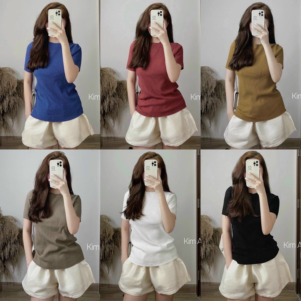 Áo cộc tay cổ tròn chất len tăm, áo thun dáng ôm basic