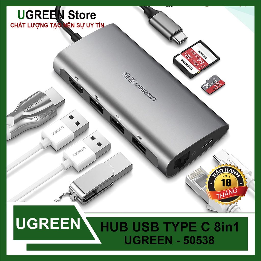 Bộ chia usb type-c ra hdmi/hub usb 3.0/sd/tf/lan gigabit có cổng sạc ugreen 50538