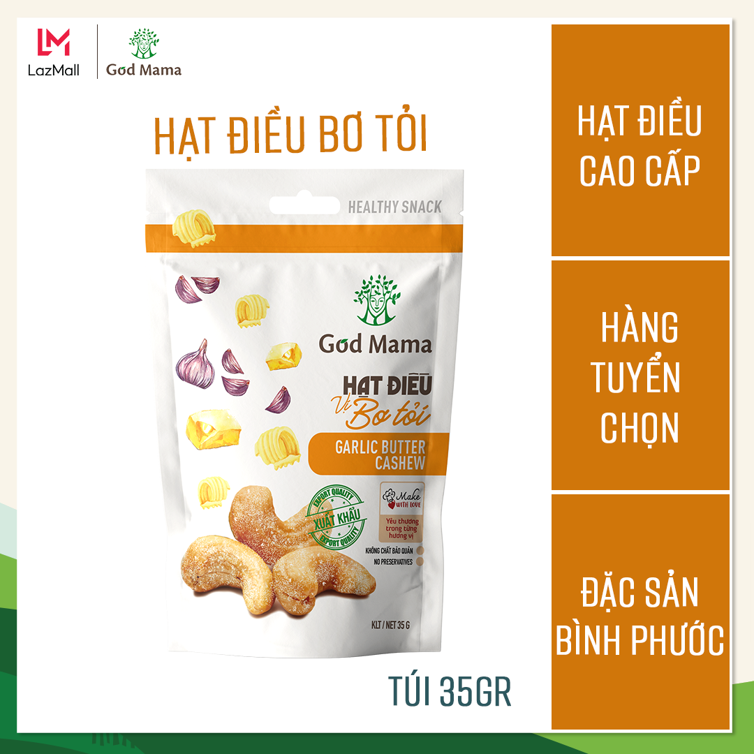 Hạt điều tẩm vị bơ tỏi God Mama - 35g.  Ăn vặt tốt cho sức khỏe. Hỗ trợ giảm cân. Nguồn nguyên liệu từ Bình Phước - vườn điều ngon nhất Việt Nam.