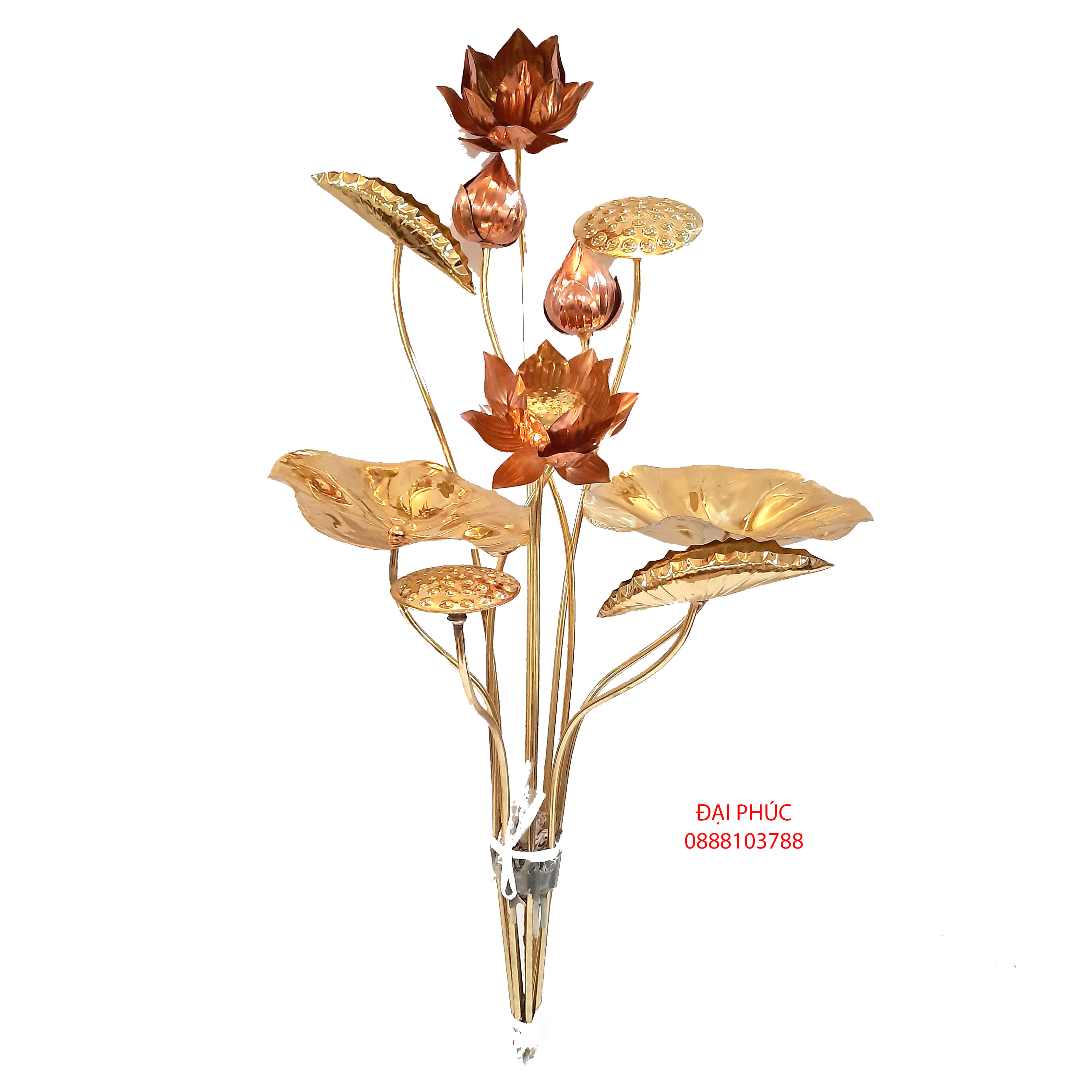 Bó hoa sen 10 bông bằng đồng vàng pha đỏ (cỡ lớn)
