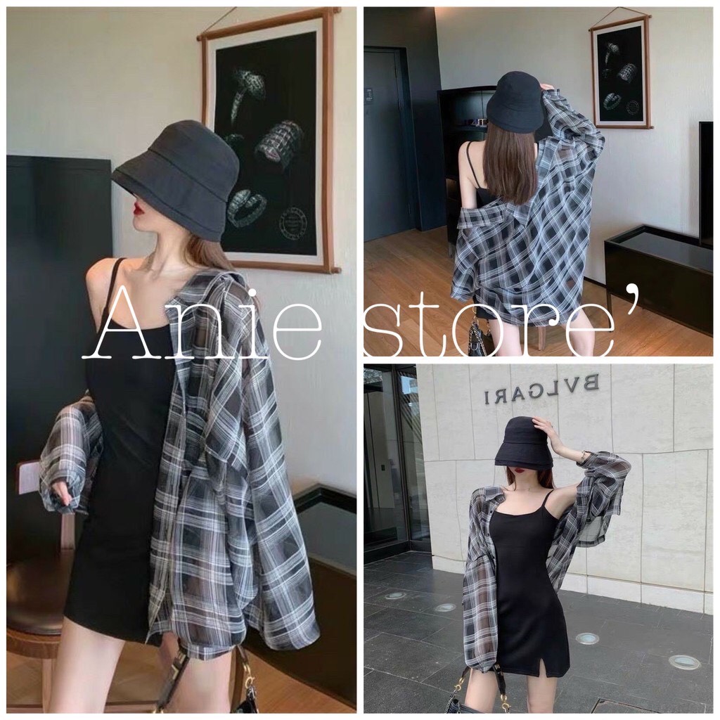 Bộ Áo Sơ Mi Kẻ Kèm Váy 2 Dây 🦋 Set Váy Áo Nữ