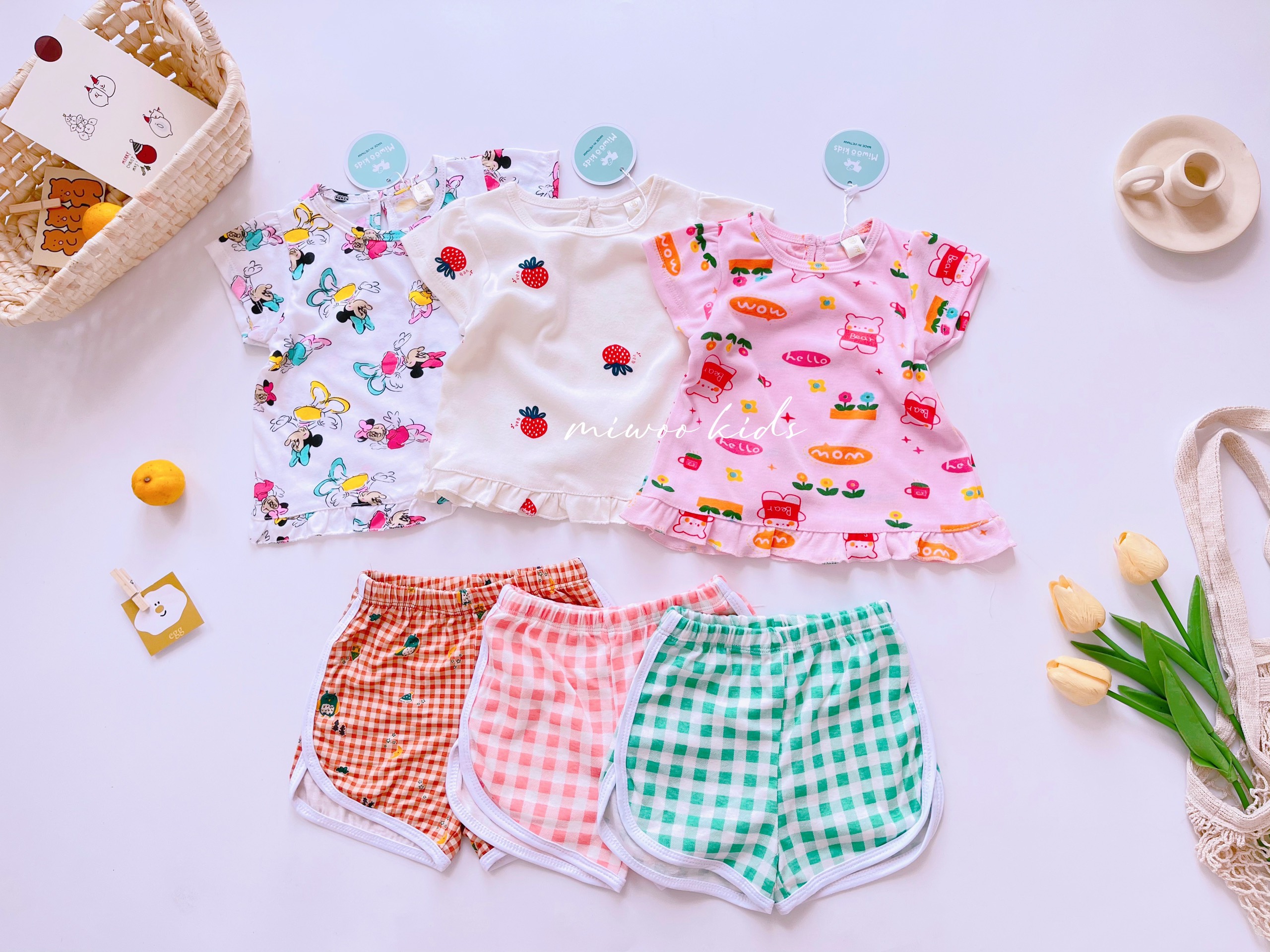 Đồ bộ cotton bé gái dễ thương bộ miwoo kids dễ thương phối quần caro