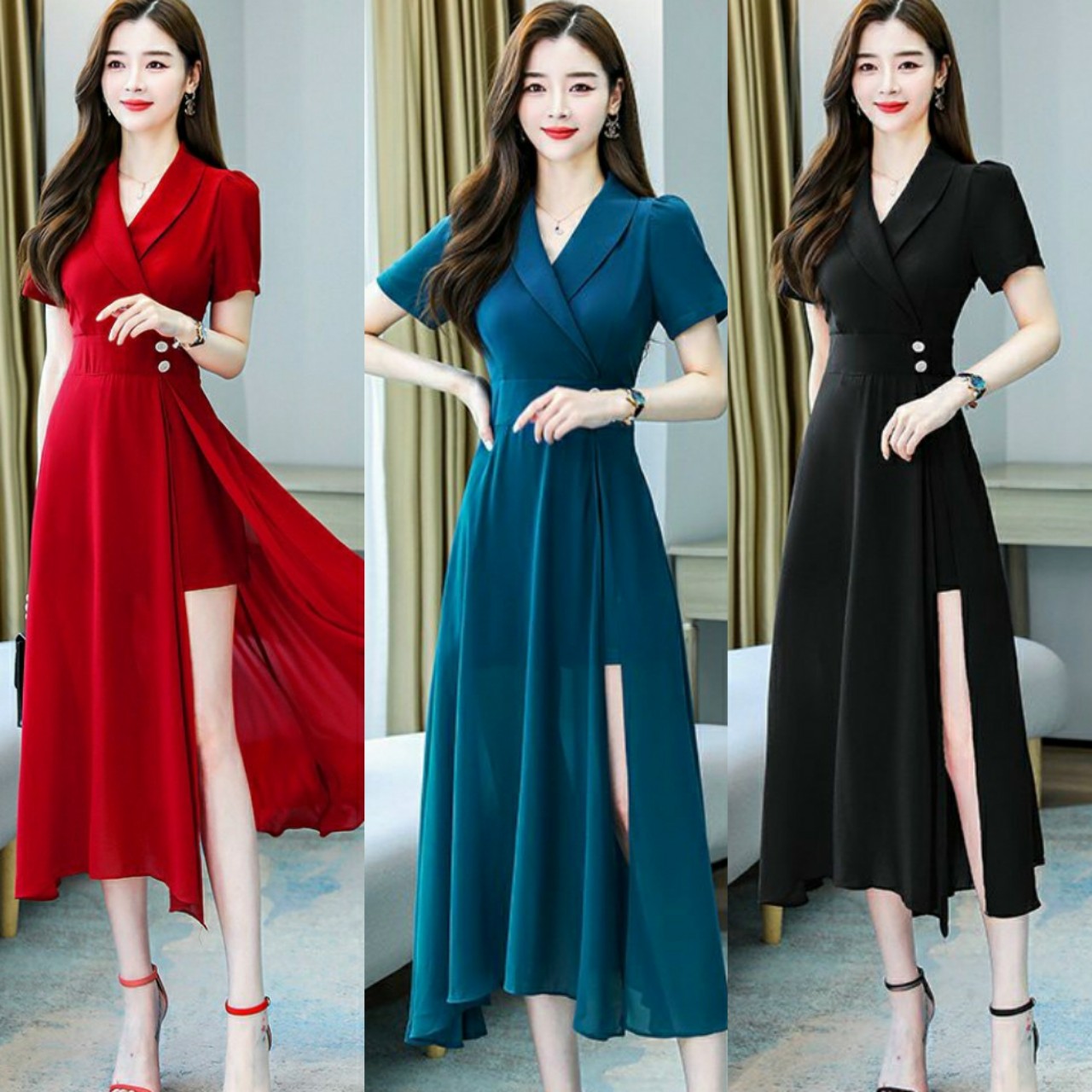 Đầm xòe cổ vest xẻ tà - yb221251