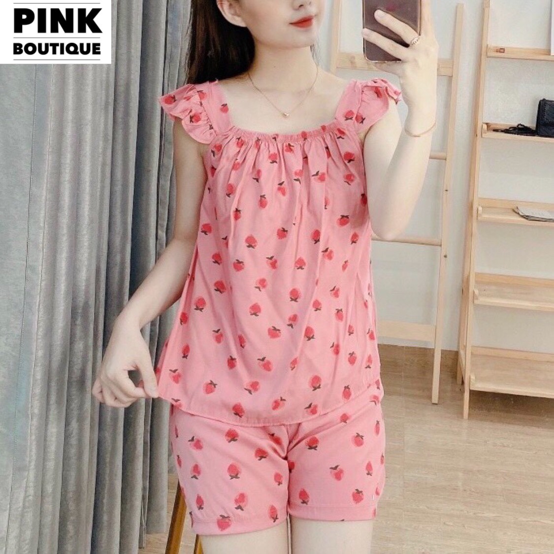 Bộ đồ nữ cánh tiên cộc tay bèo quần short mùa hè dâu tây thiết kế pink boutique