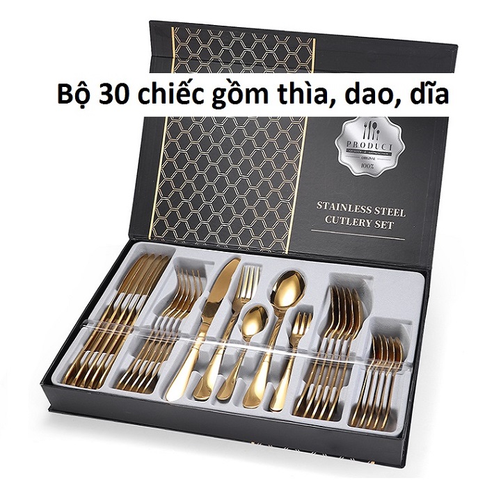 Bộ 30 chiếc thìa dao dĩa ăn inox mạ vàng sang trọng trọng dành cho 6 người lớn và 6 trẻ em REB006