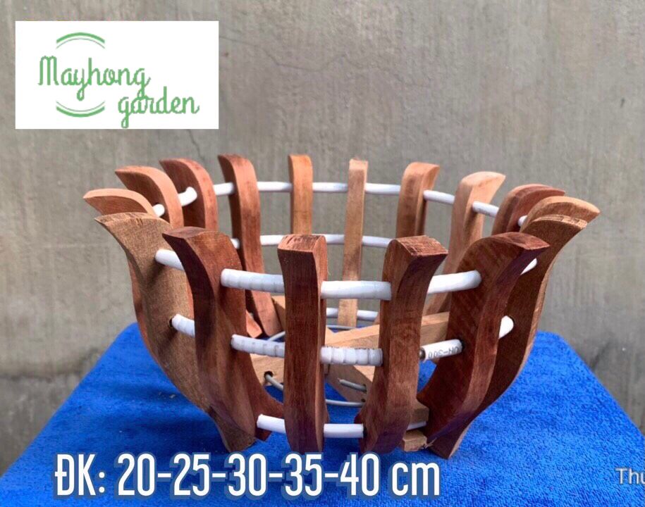 Chậu gỗ căm xe trồng lan, hình hoa sen, đường kính lọt lòng 20-25-30cm - Mayhong garden kèm móc treo