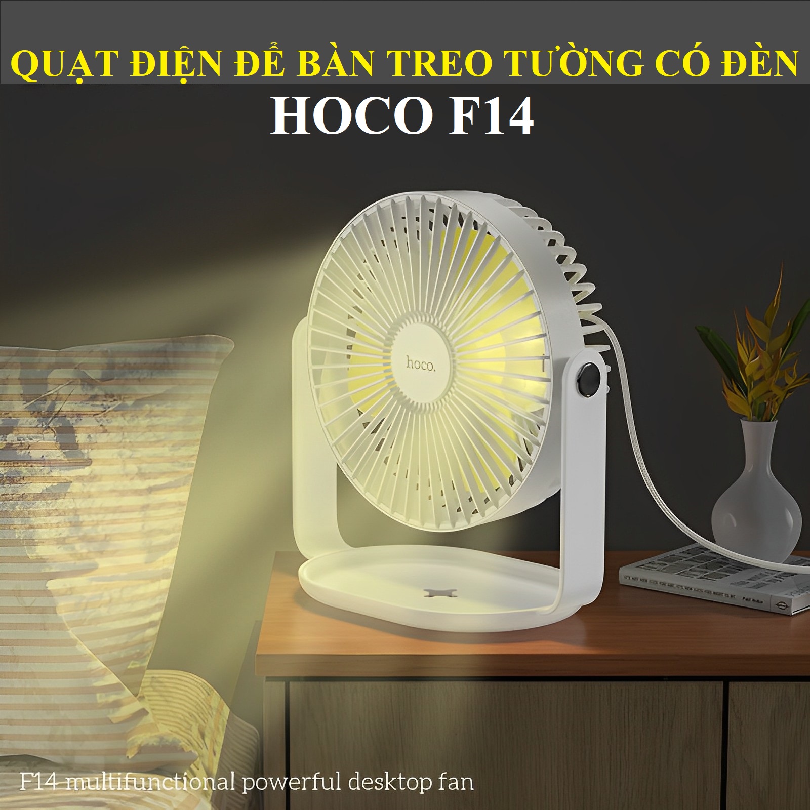 Quạt điện USB mini để bàn treo tường dùng như đèn ngủ hoco F14