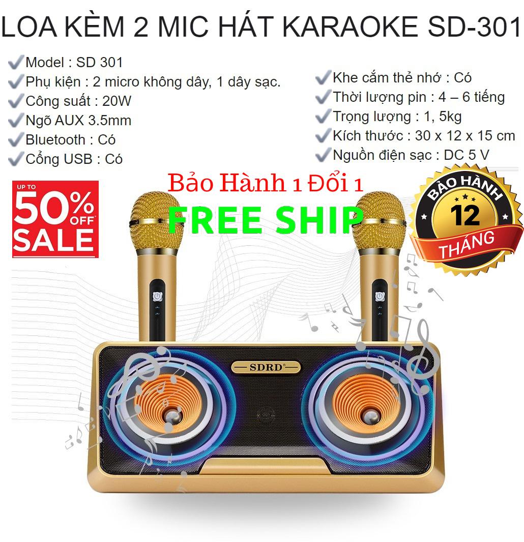 Loa Bluetooth Kèm 2 Micro Không Dây SDRD SD-301 Hàng nhập khẩu, Âm Thanh Tuyệt Vời Độc Đáo Công Suất Cao, Hát Hay Như Ca Sĩ